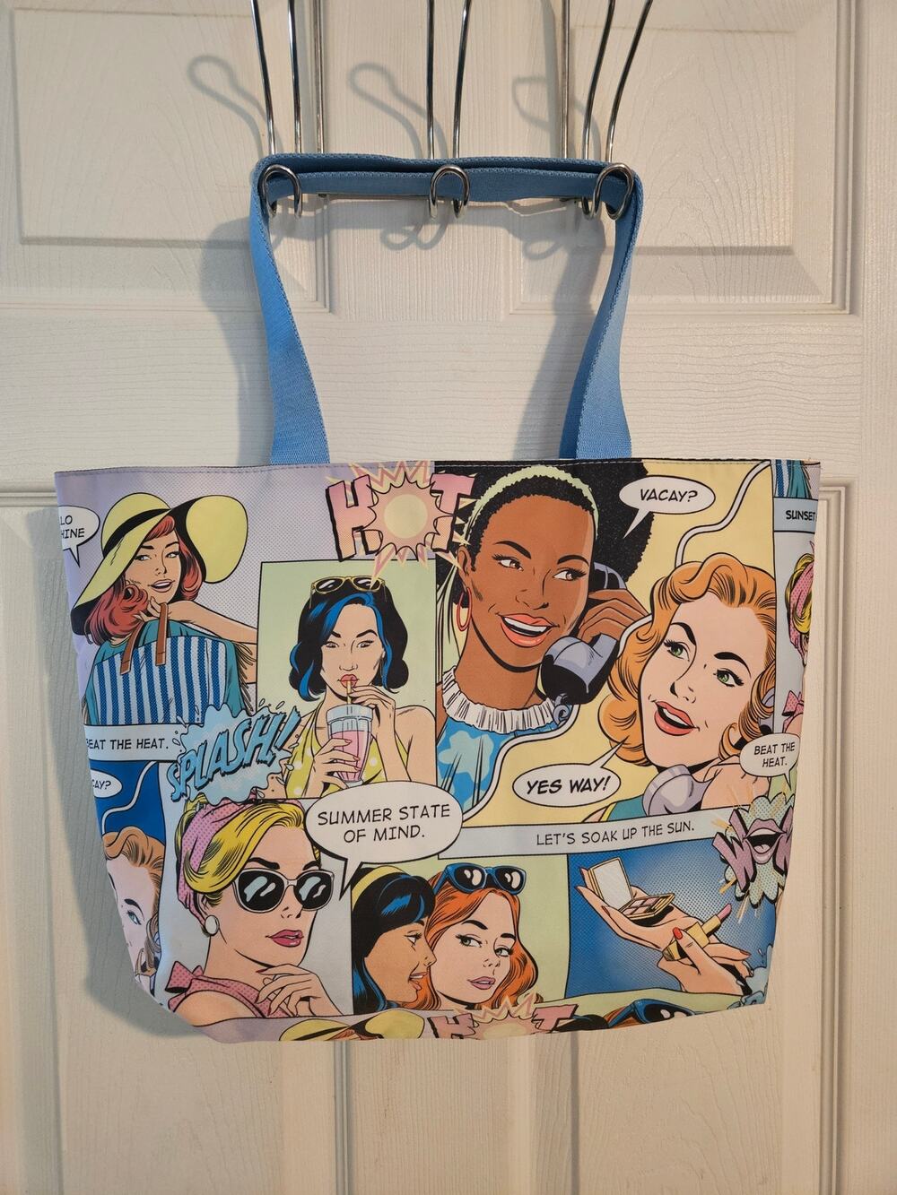 Colorful tote bag with retro comic book theme 17"